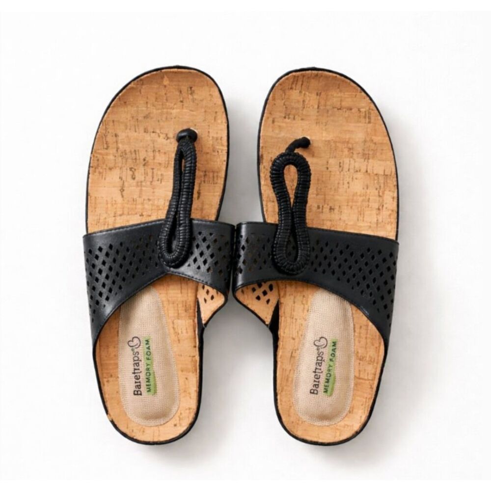 BareTraps Black Leather Flip Flop Sandals Memory Foam Cork Insole Size 9 EUC